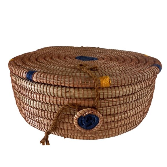 vintage Handwoven Lidded Basket Decorative Natural Fiber Brown Blue Yellow